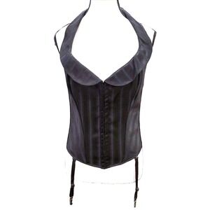 Vtg Shirley of Hollywood Pinstripe Halter Corset 36 Garter Lace Up Goth Y2K